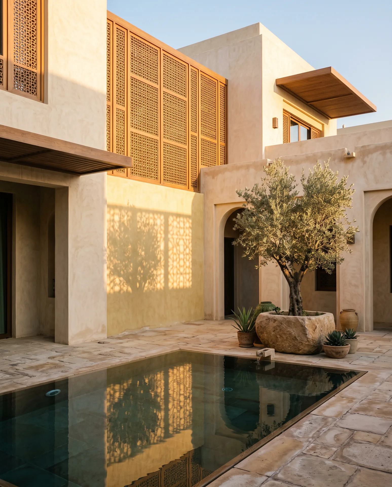 Courtyard of a contemporary villa with mashrabiya light patterns on lime-plaster walls