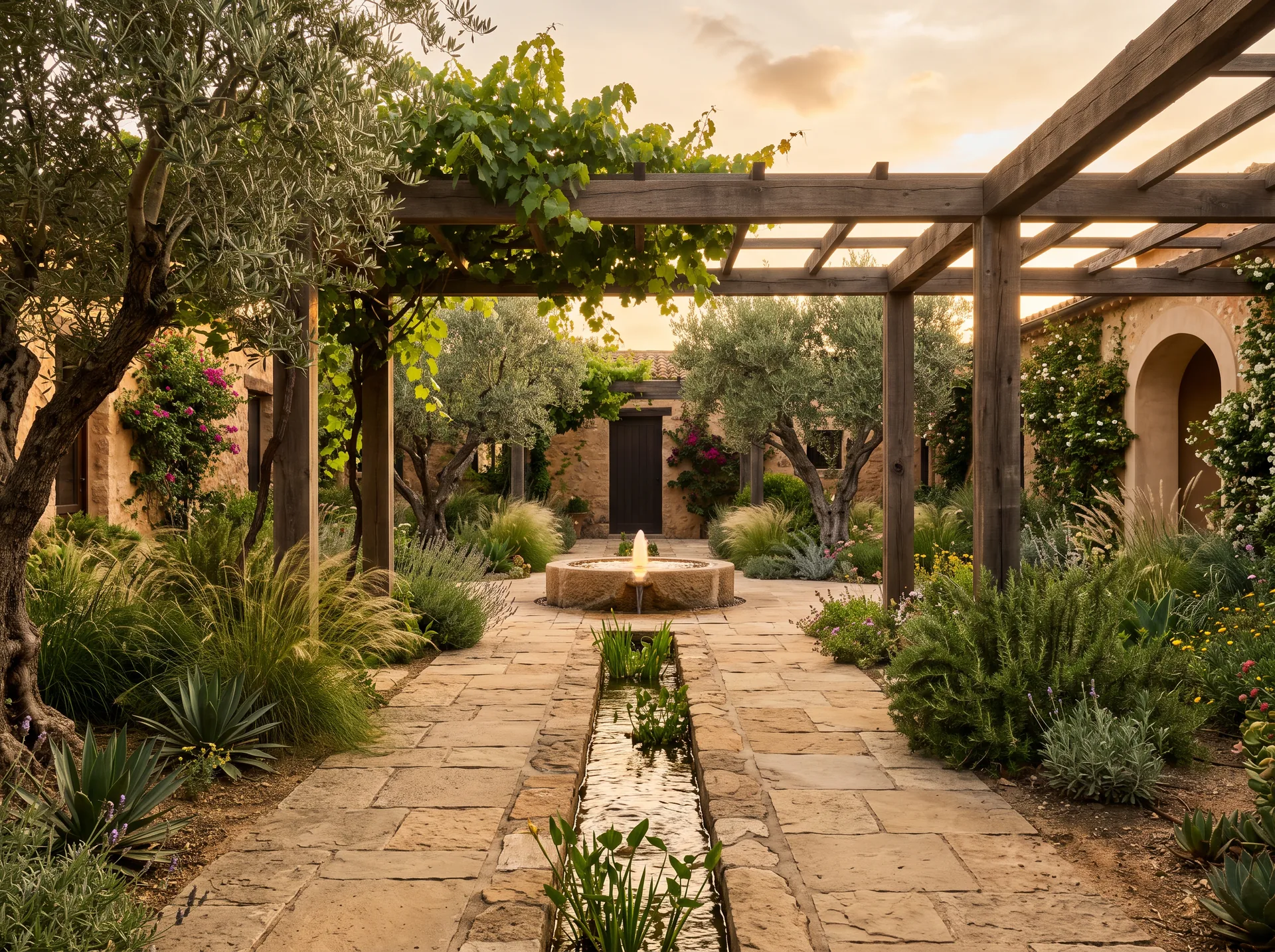 Courtyard garden with a narrow stone water channel and olive trees