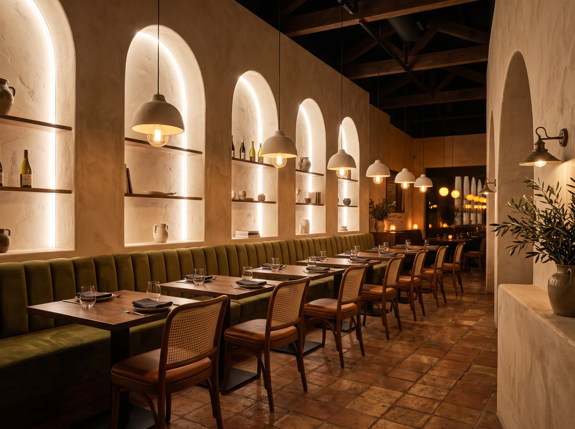 Restaurant interior with arched plaster niches and warm pendant lighting