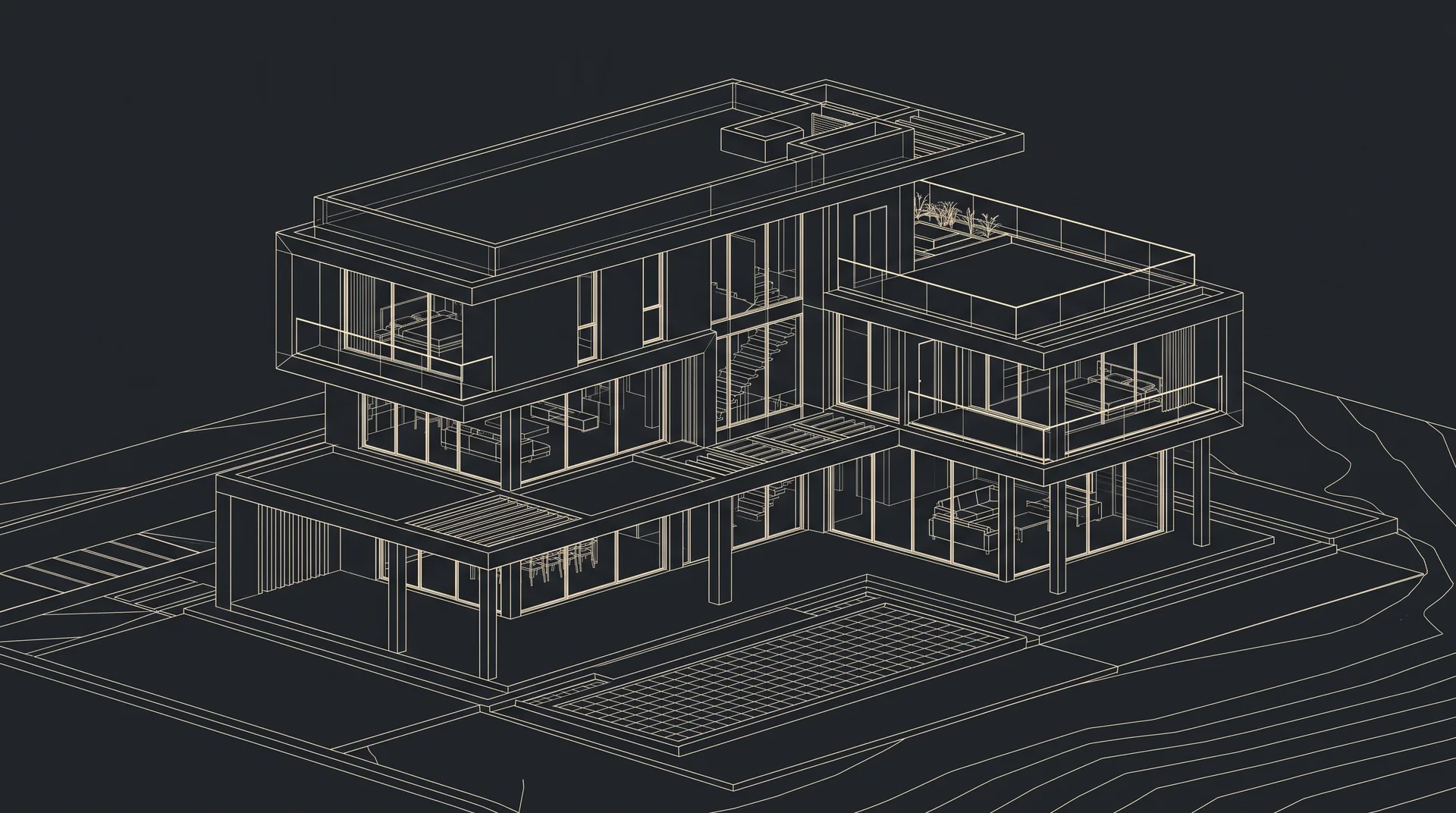 Wireframe render of a contemporary villa in fine cream lines on charcoal